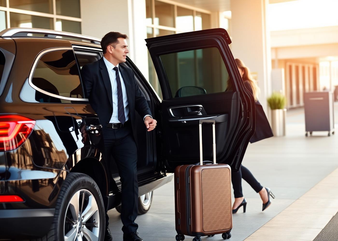 Professional chauffeur meeting a traveller curbside at the airport terminal