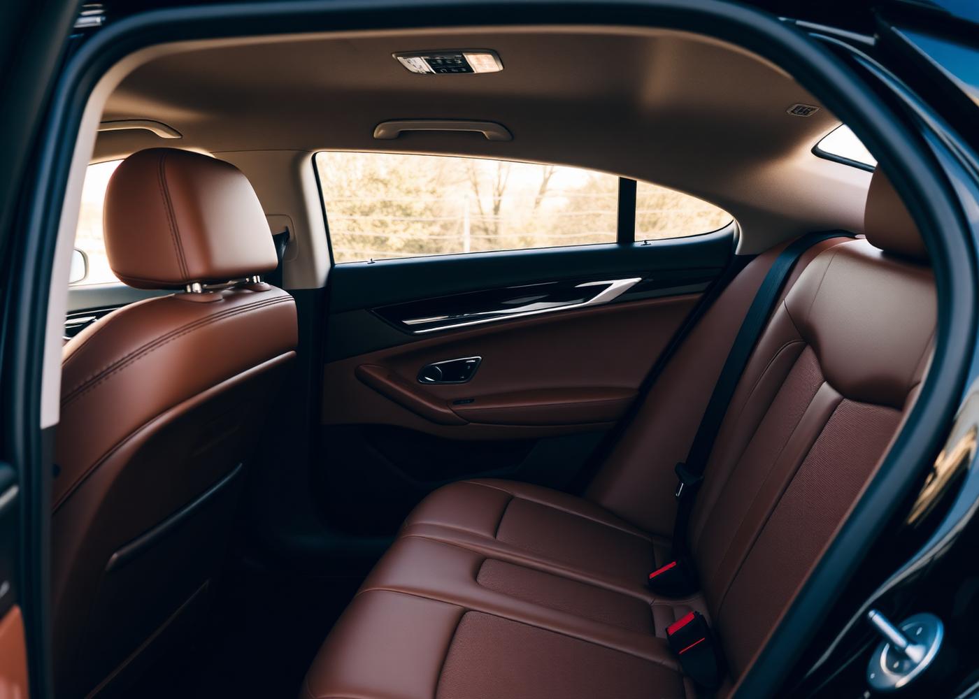 Interior of a premium chauffeured sedan with tan leather back seat