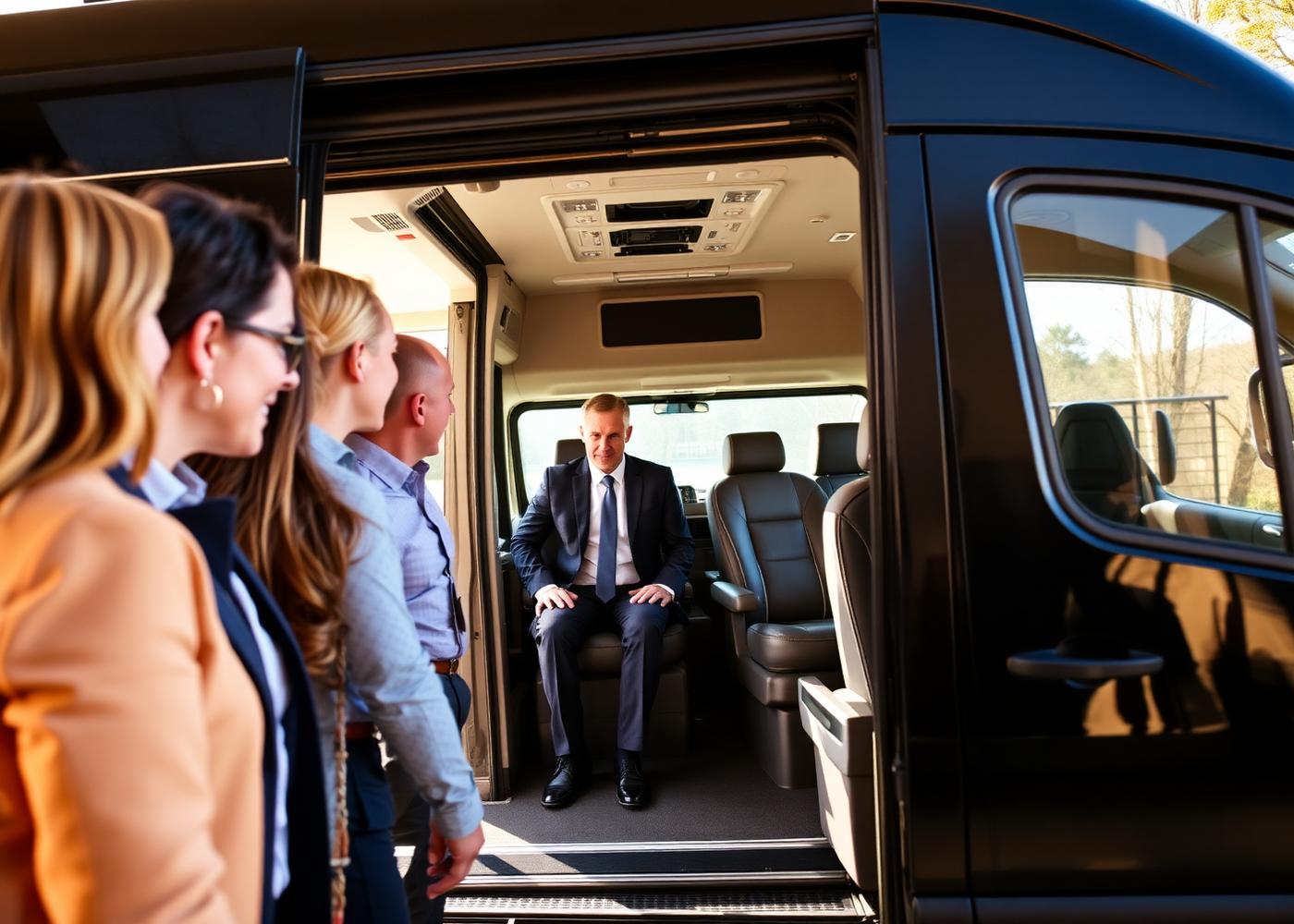 Group of professionals boarding a premium Mercedes Sprinter passenger van